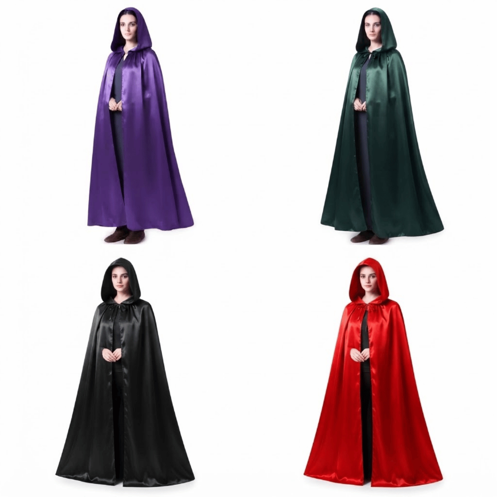 Capa de Cetim com Capuz | Halloween, festas e looks temáticos | Preto, Vermelho, Verde e Roxo