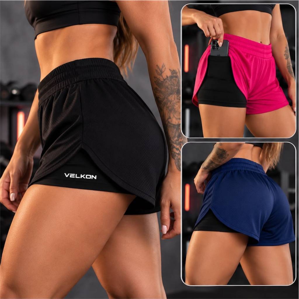 Shorts 2 em 1 Feminino Fitness c/ Bolso para Celular Forro de Compressão Cintura Elástica Academia Corrida Treino VELKON