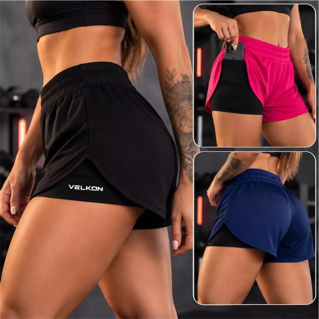 Shorts 2 em 1 Feminino Fitness c/ Bolso para Celular Forro de Compressão Cintura Elástica Academia Corrida Treino VELKON — imagem 1