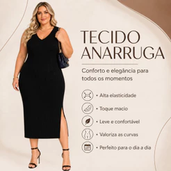 Vestido Feminino Plus Size Regata Fenda Lateral Decote V Elegante Básico Casual Confortável