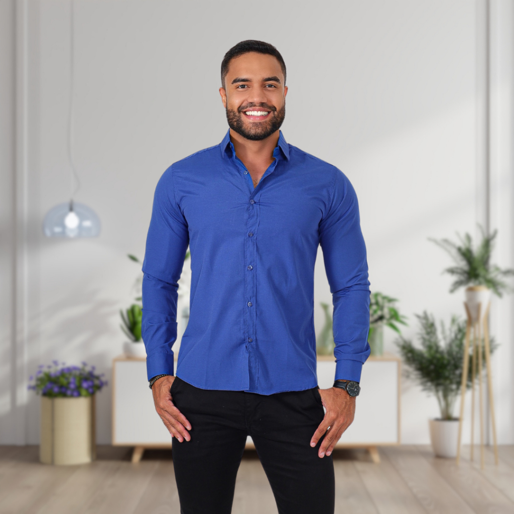 Camisa social manga longa masculina slim fit não amassa lisa sem bolso