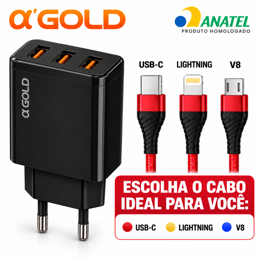 Carregador Celular Fonte USB 3 Entradas + Cabo Carregador 2 Metros iPhone Android V8 Tipo C