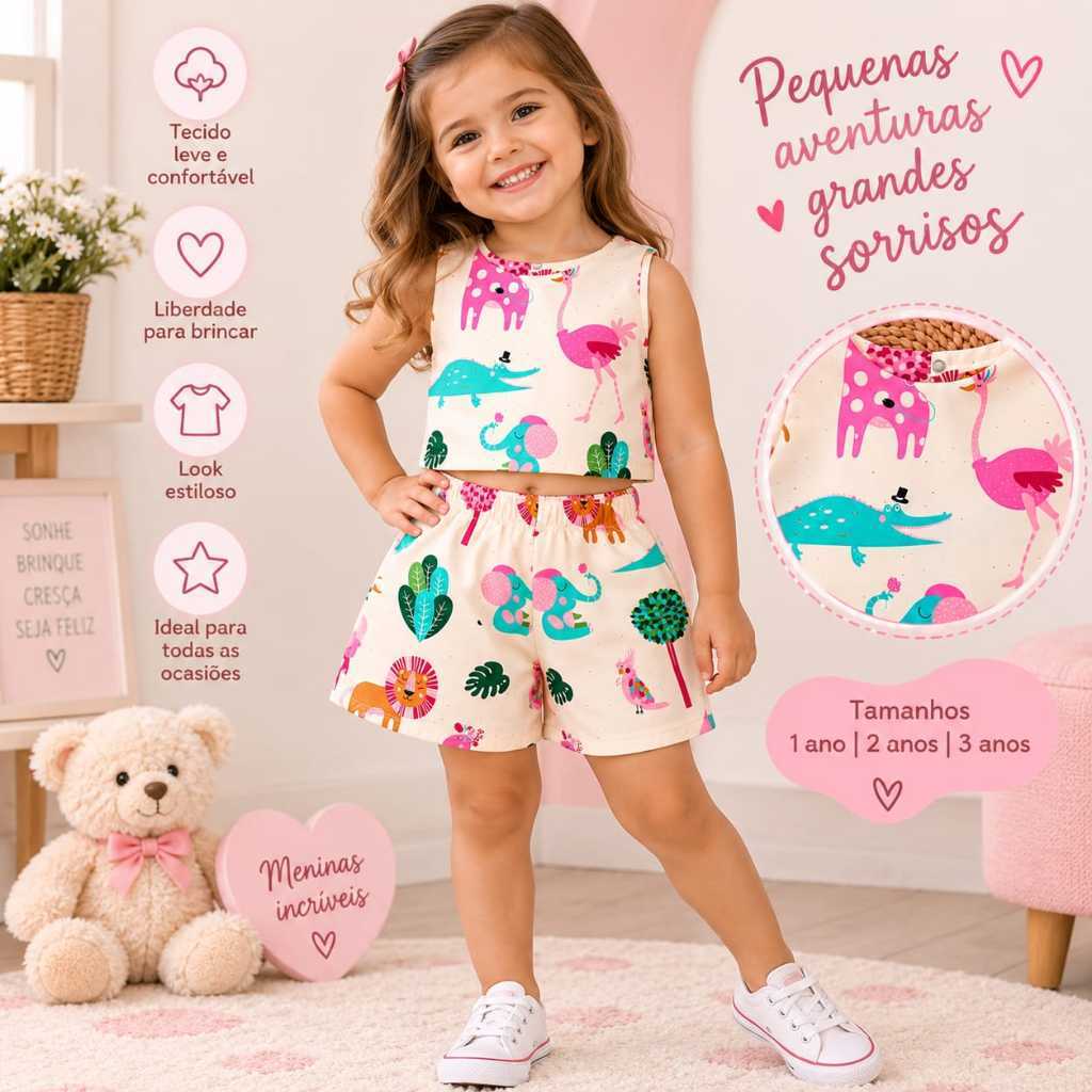 Conjunto Infantil Feminino Estampado Verão Blusa Cropped Shorts e Laço – Roupa Infantil Menina