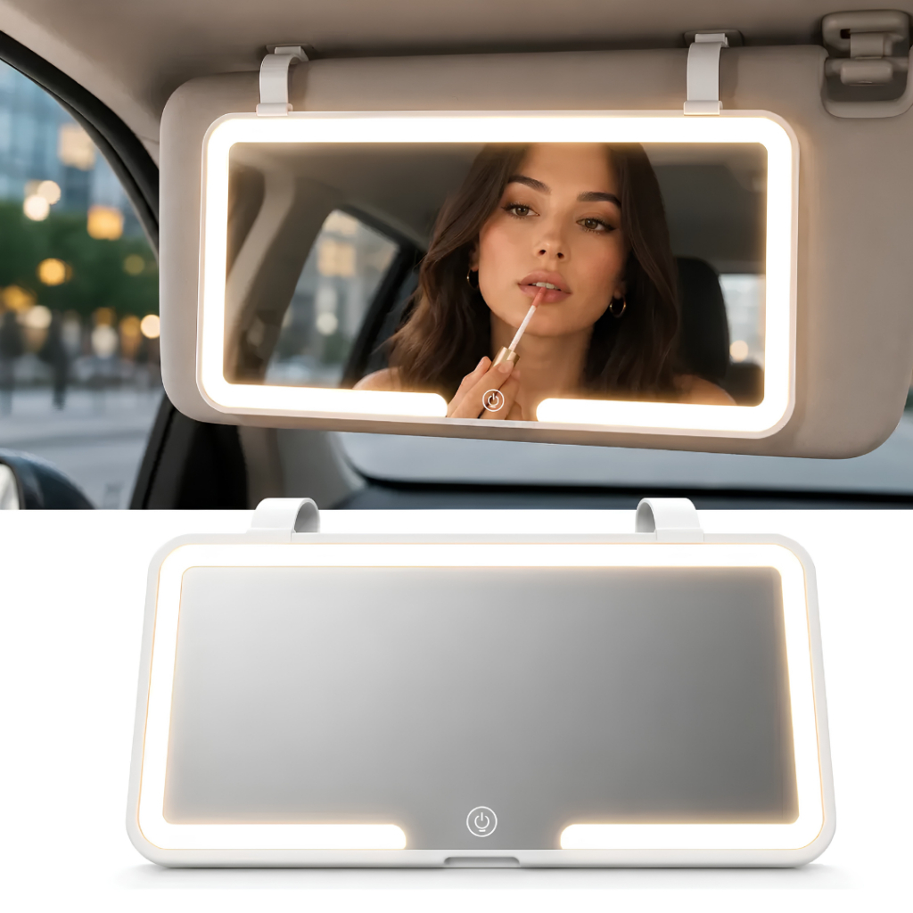 Espelho de Maquiagem LED 23,5cm para Quebra-Sol 3 Tons Touch Recarregável USB-C