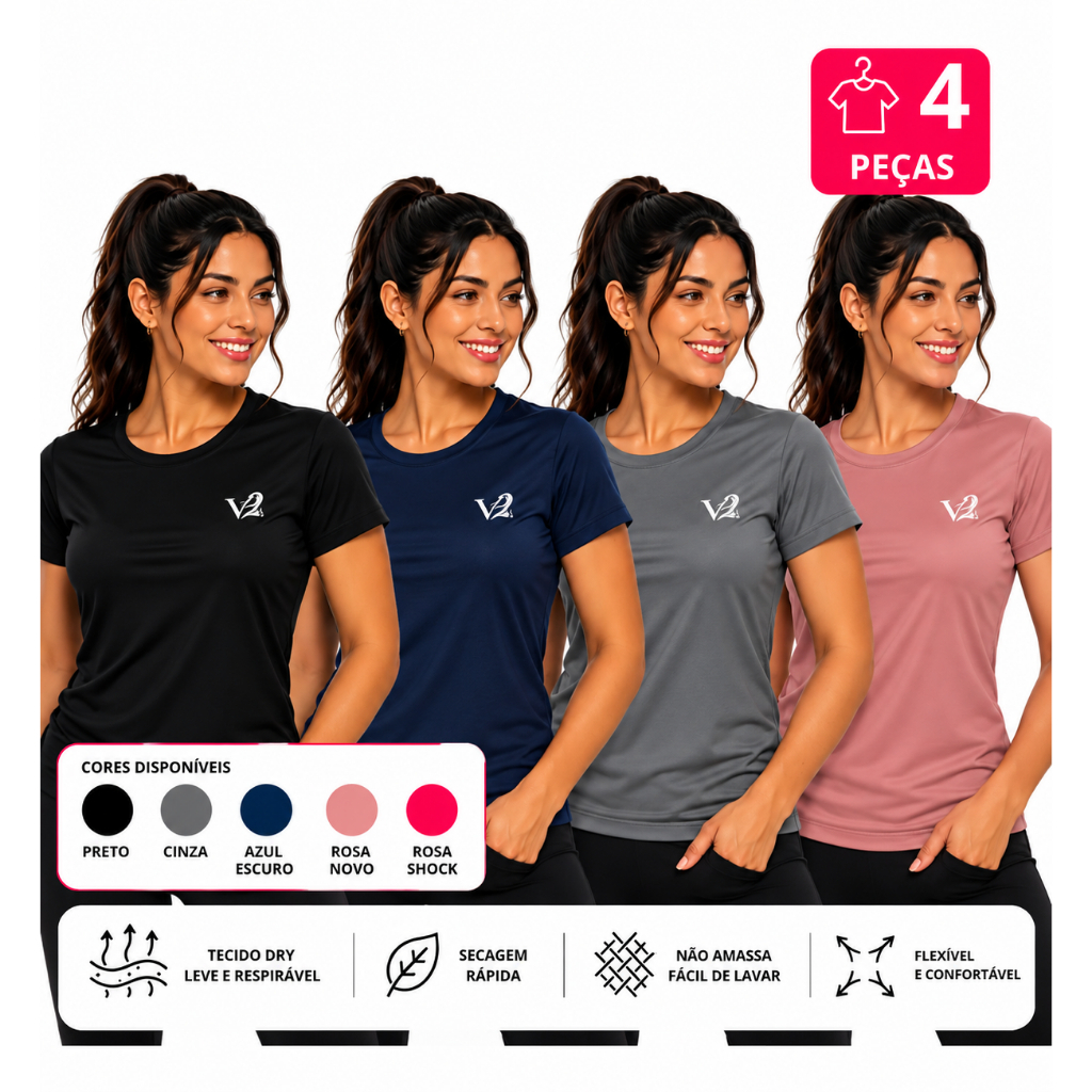 KIT 4 Camisetas Dry Fit Feminina Academia Treino Caminhada Musculação Blusa Fitness