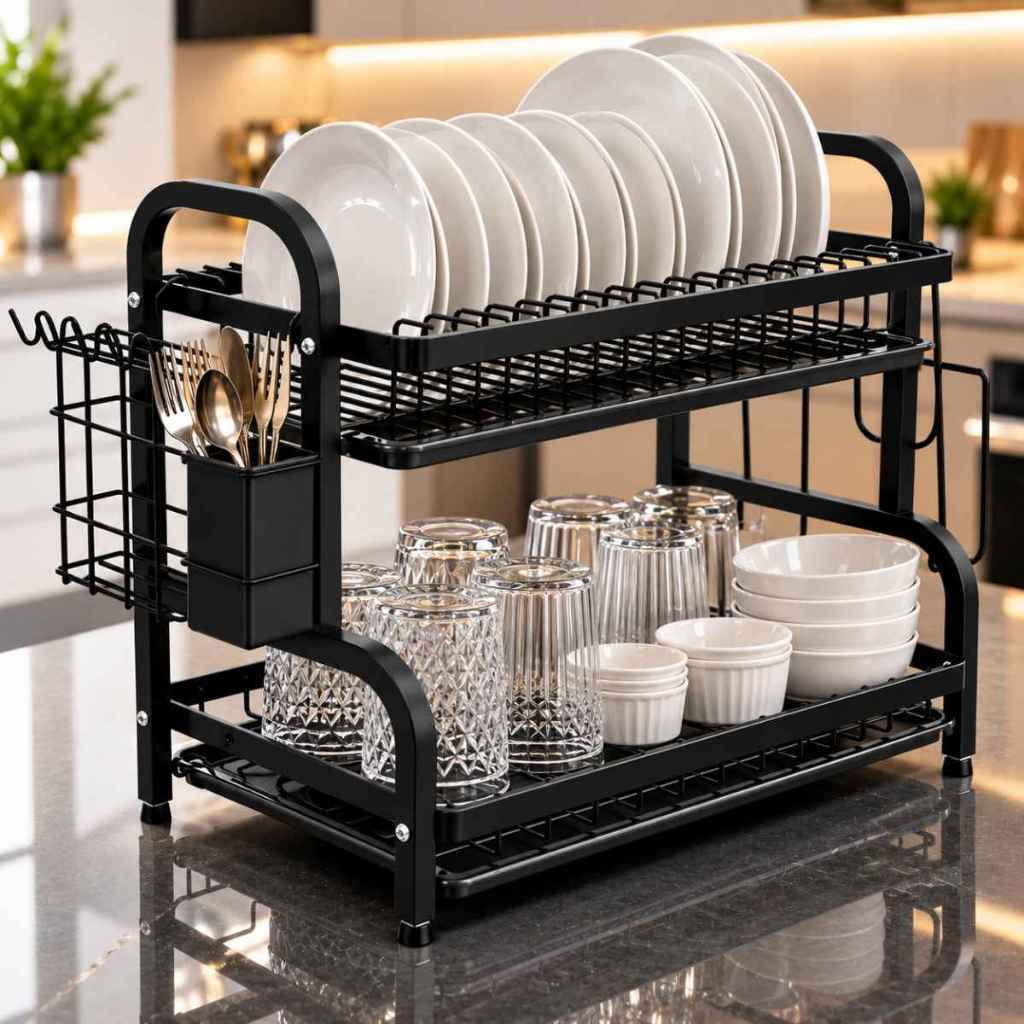 Escorredor de Louças Grande 2 Andar 3 Andar Aço Inoxidavel Preto Inox Resistível com Bandeja Removível