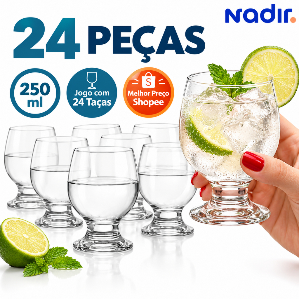 Jogo 24 Taças Paulista 250ml Nadir Figueiredo Água Suco Cerveja Vidro Transparente