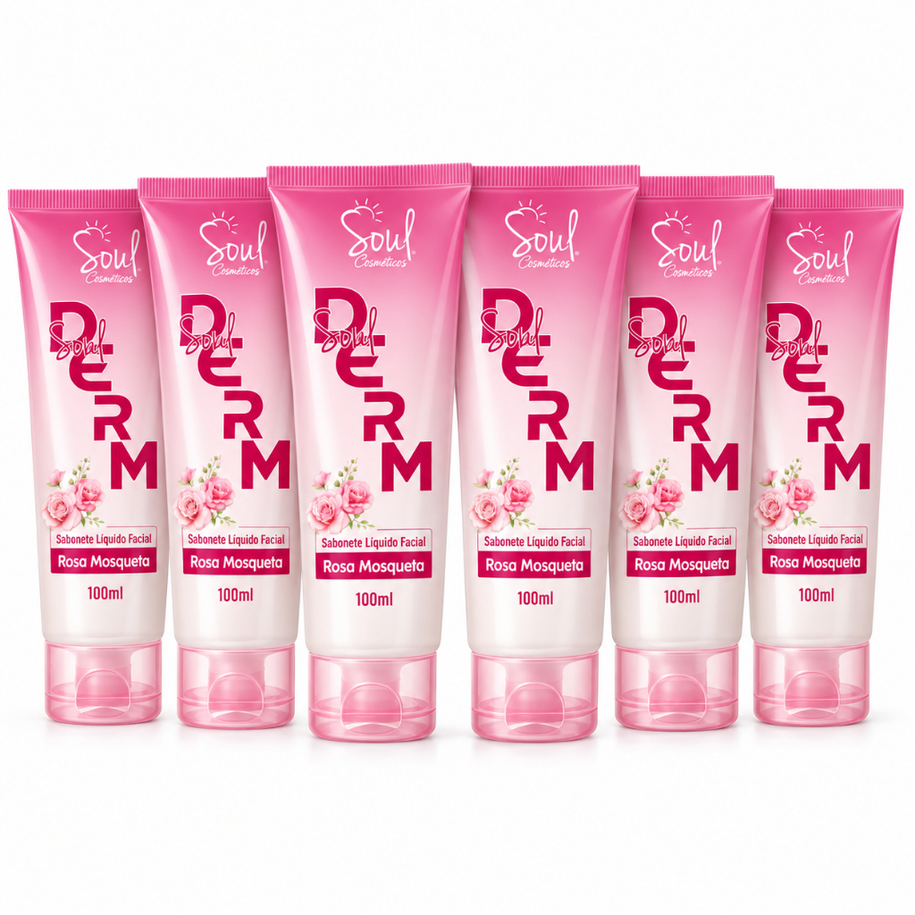Kit 6 Sabonetes Líquidos Faciais Rosa Mosqueta Soul Derm 100ml Limpeza Profunda Hidratação Pele