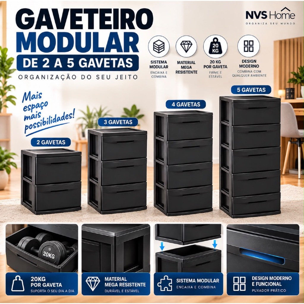 Gaveteiro Modular 2 3 4 5 Gavetas Preto Design Moderno