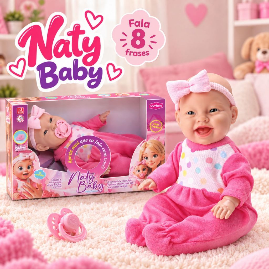 Boneca com Chupeta Naty Baby Fala 8 Frases Menina Brinquedo Infantil