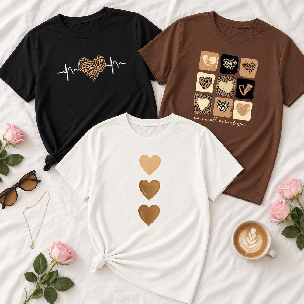 Kit 3 Camisetas Plus Size Femininas G1 ao G4 Estampadas Corações Oncinha Batimento Onca, Coracoes Onca e 3 Coracoes
