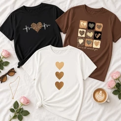 Kit 3 Camisetas Plus Size Femininas G1 ao G4 Estampadas Corações Oncinha Batimento Onca, Coracoes Onca e 3 Coracoes