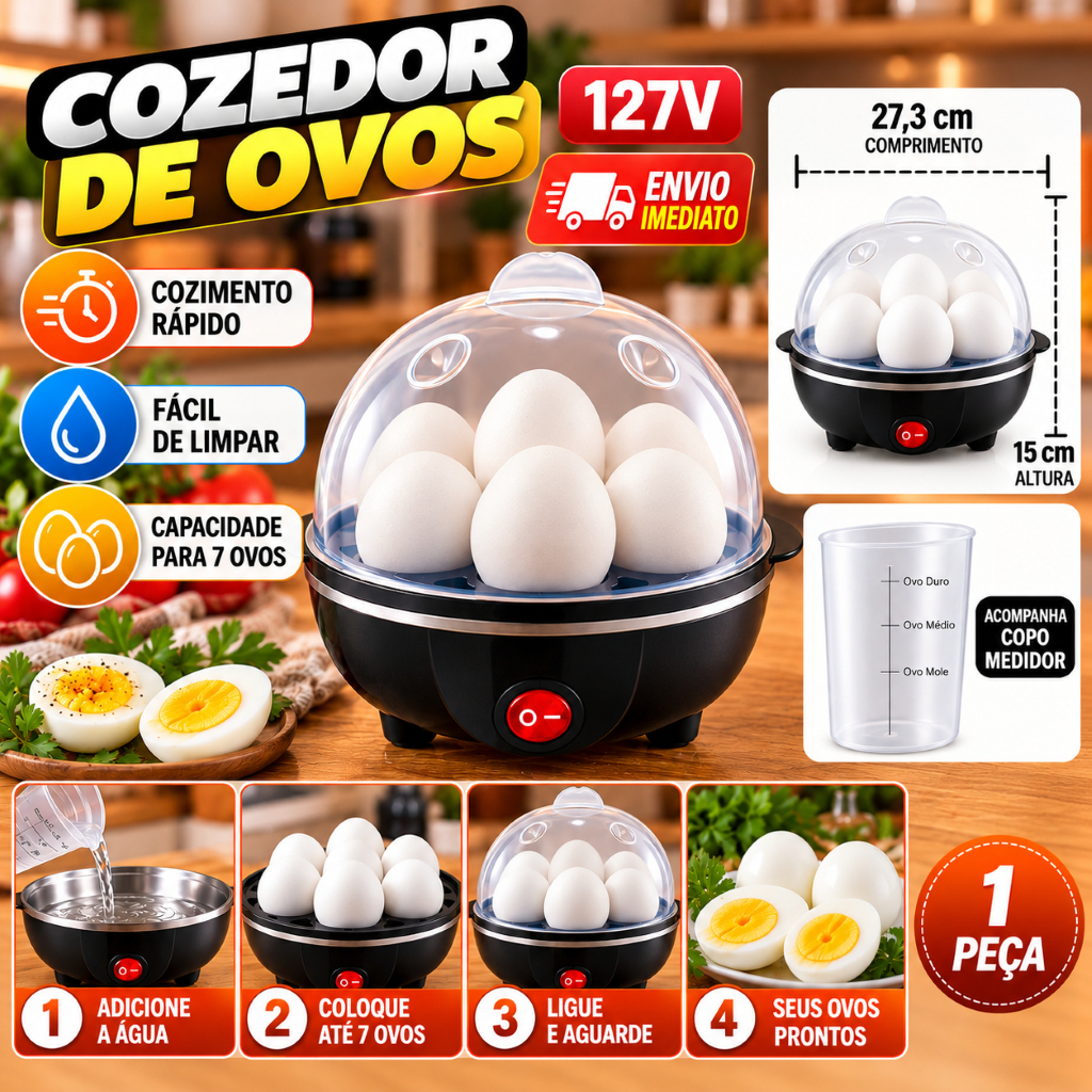 Cozedor Elétrico de Ovos 127V para Até 7 Ovos com Copo Medidor – Rápido, Prático e Fácil de Limpar