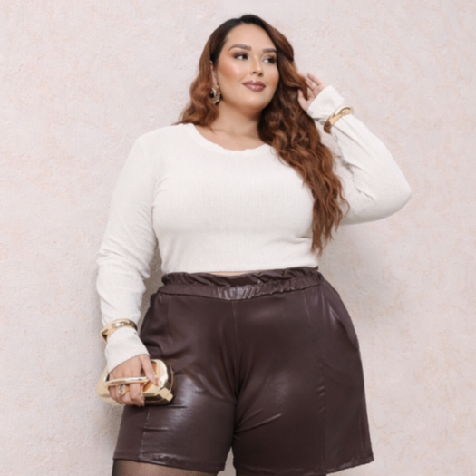 Cropped Plus Size Manga Longa Canelado Viscose Premium Confortável Moda Tendência