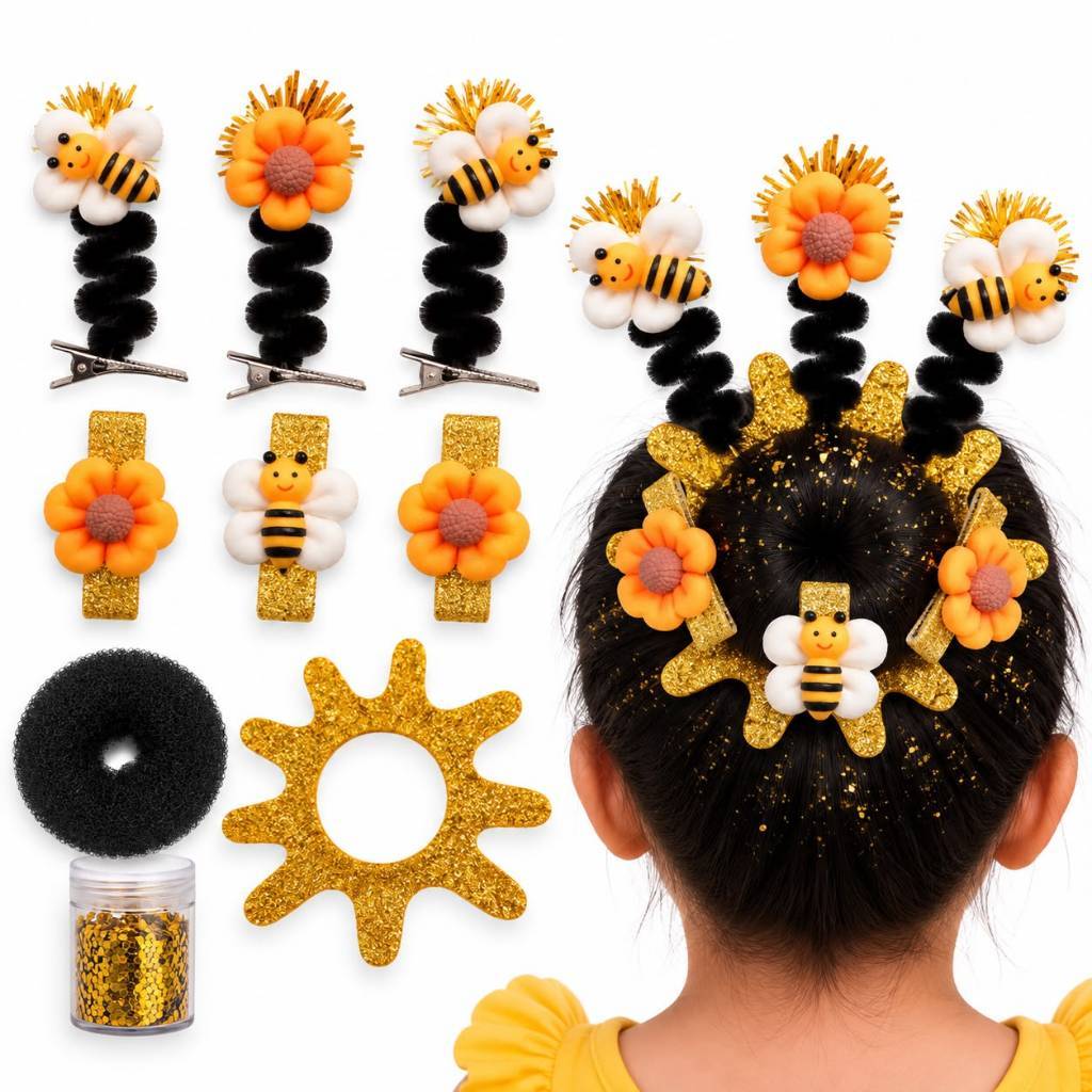 Kit Cabelo Maluco Infantil Abelha  Para Coque Escolar Abelinhas Glitter Brilhoso