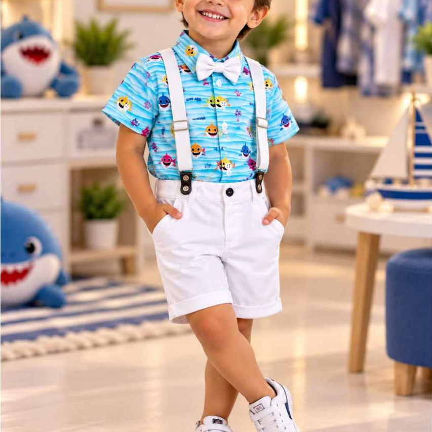 Conjunto Menino Infantil Luxo Temático Baby Shark +Bermuda