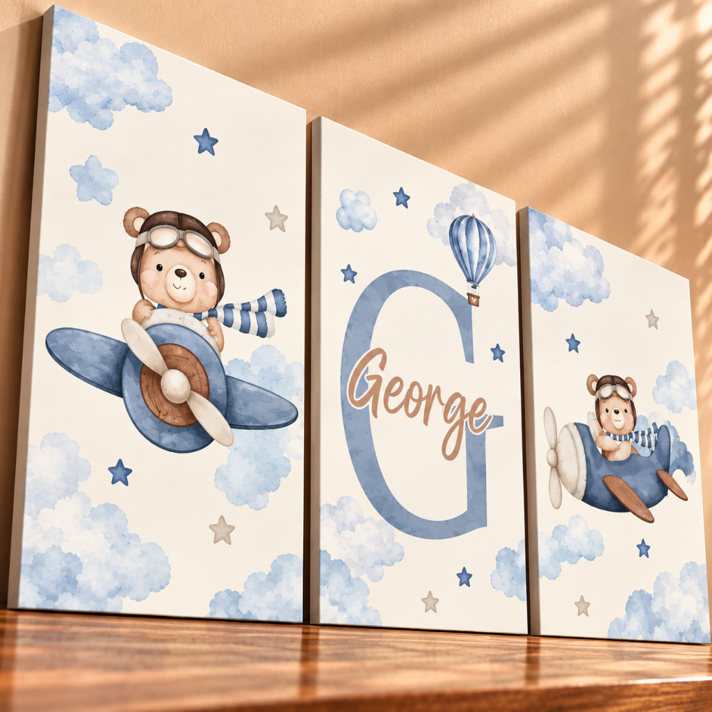 Kit 3 Quadros Decorativos Infantil Ursinho Aviador Azul Nome Personalizado Decoração Quarto Bebê menino