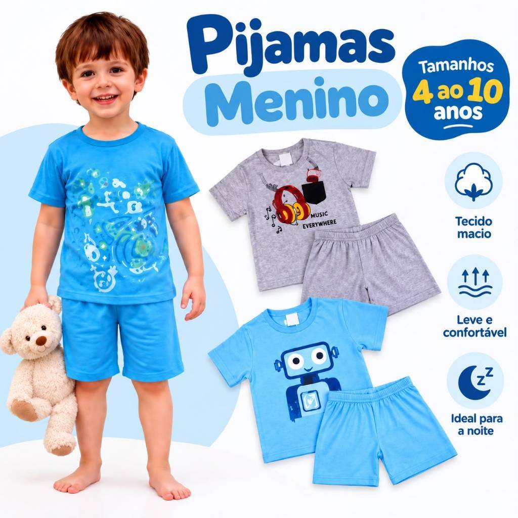Pijama Infantil Menino - Algodão Confortável Estampa Sortida - Camiseta + Shorts / Tamanho 1 ao 10 anos