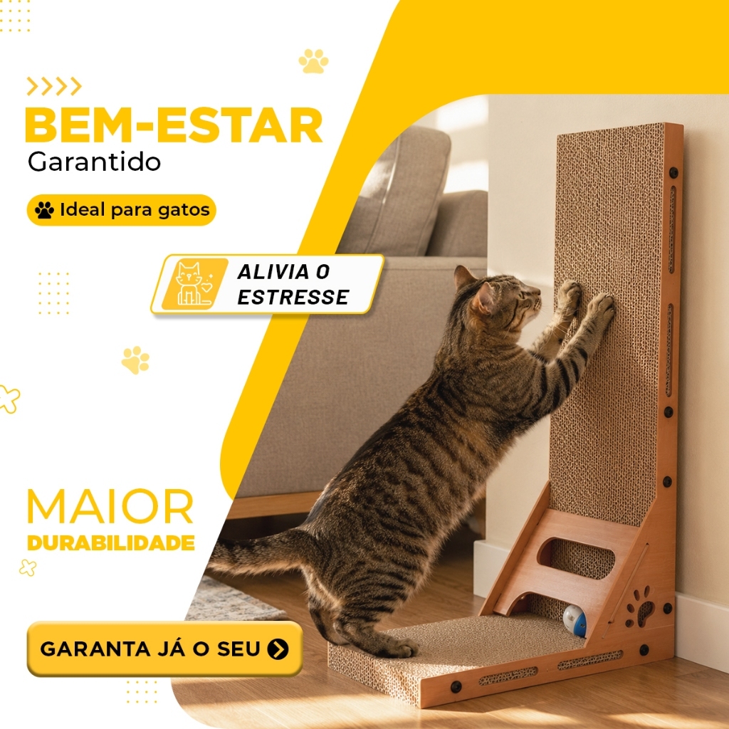 Arranhador Vertical em L para Gatos Papelão Ondulado e Brinquedo Bola Integrado Alta Durabilidade
