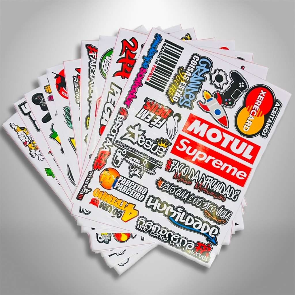 Kit 10 Cartelas Adesivos Vinil 20x25cm Atacado Stickers Impermeável Personalização Notebook Moto Carro Bike