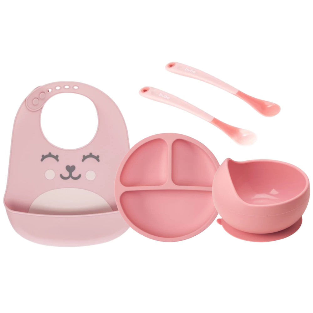 Kit Alimentação Bebê Buba Babador + Prato Bowl com ventosas + Colheres termossensíveis Rosa