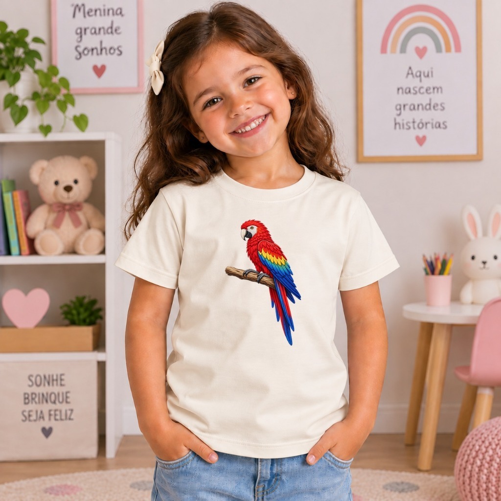 Camiseta Infantil Estampada Arara Colorida 100% Algodão Premium Unissex Manga Curta Confortável