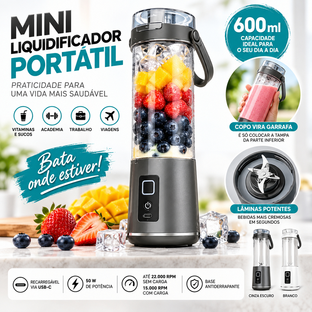 Mini Liquidificador Portátil 600ml Recarregável USB-C Copo Vira Garrafa Tampa com Bico Cinza Escuro ou Branco para Sucos