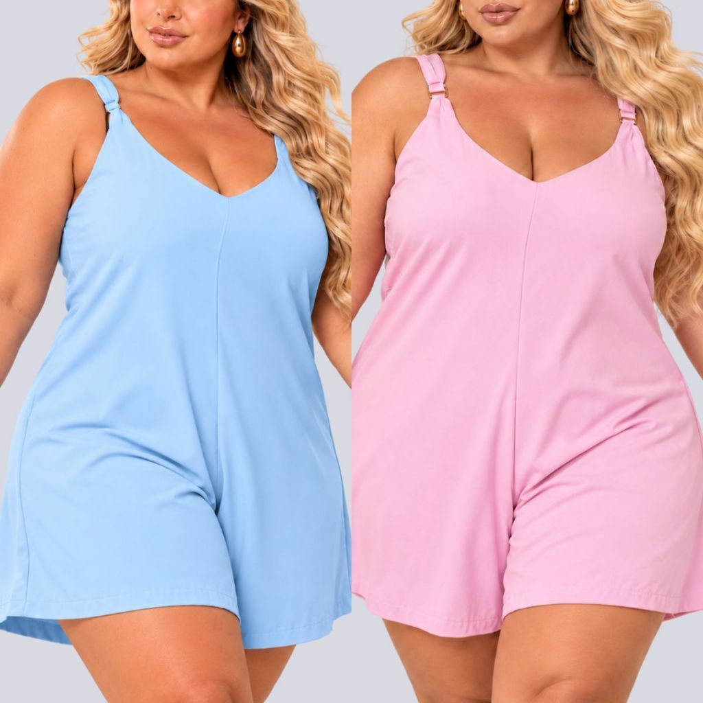 Macaquinho Feminino Plus Size Soltinho Alça Regulável Zíper Traseiro Tecido Duna G1 G2