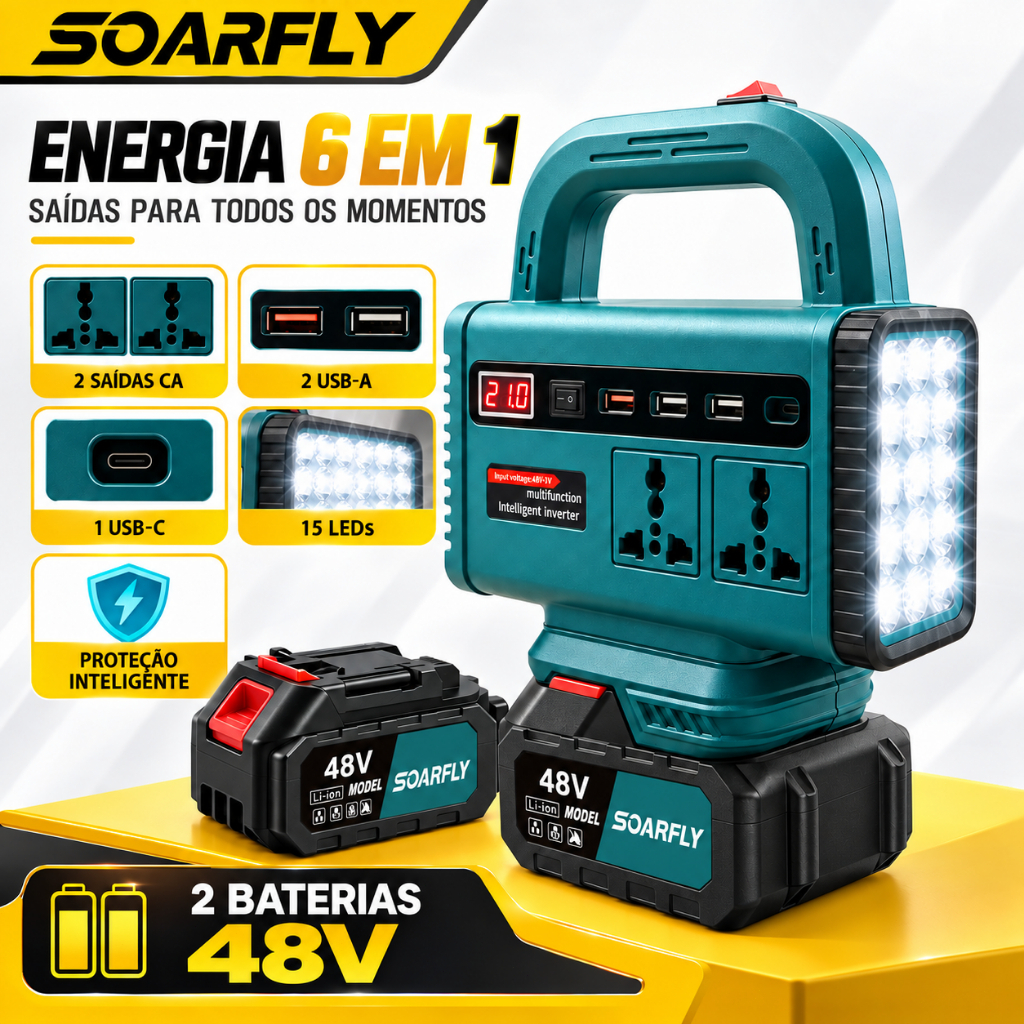 SOARFLY Inversor portátil com bateria de lítio e 48v 2 baterias 120w