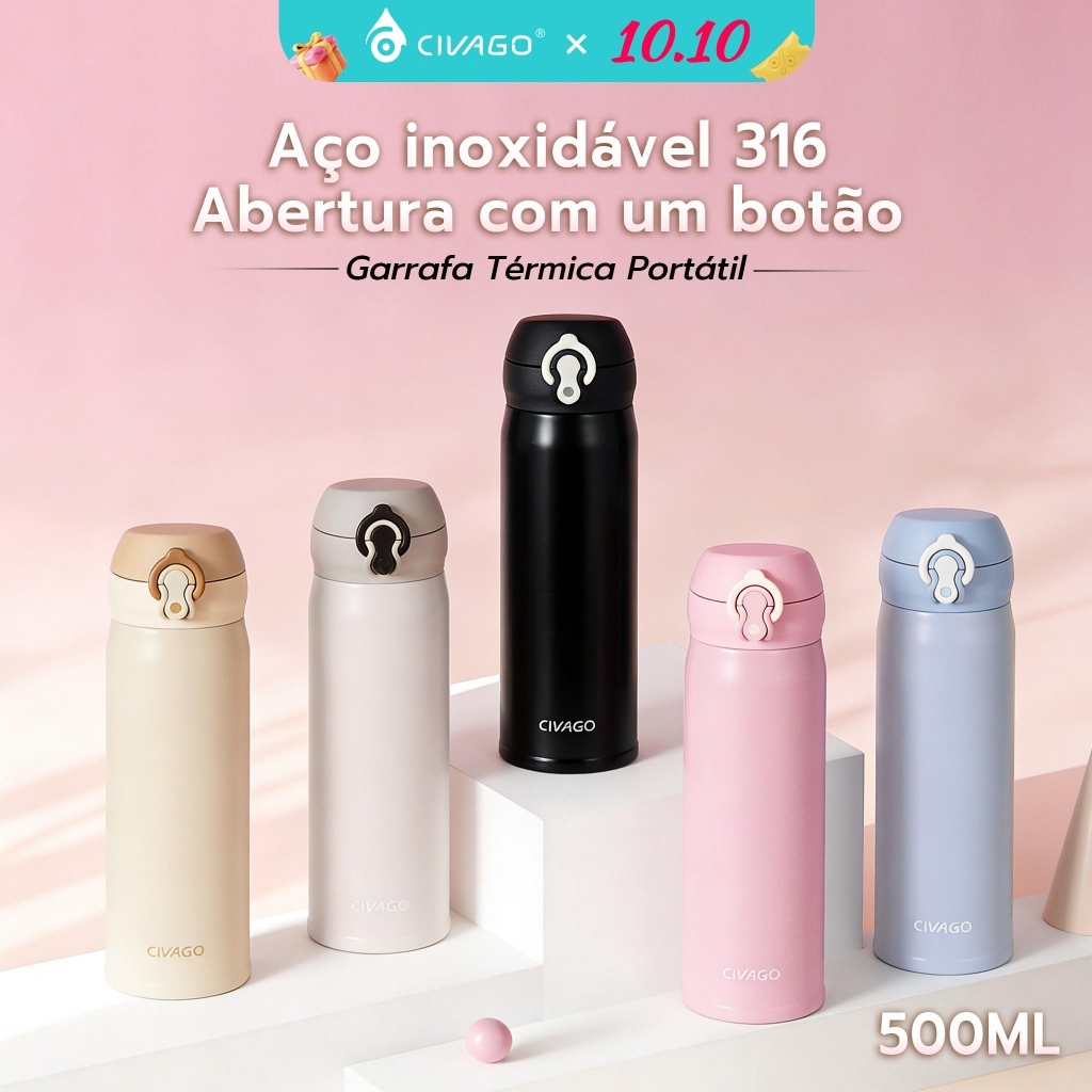 CIVAGO Copo Térmico 500ml Aço 316,Antivazamento,Tampa Pop-up,Quente/Frio,Livre de BPA–Para esportes,faculdade, presente