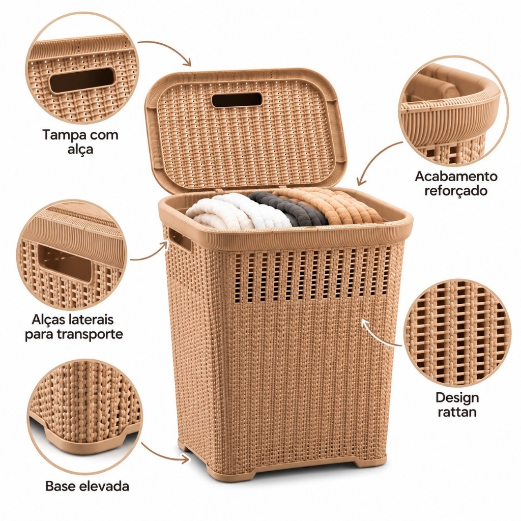 Cesto Rattan 50L Premium Organizador de Roupas Lavanderia Resistente — imagem 2 de 2