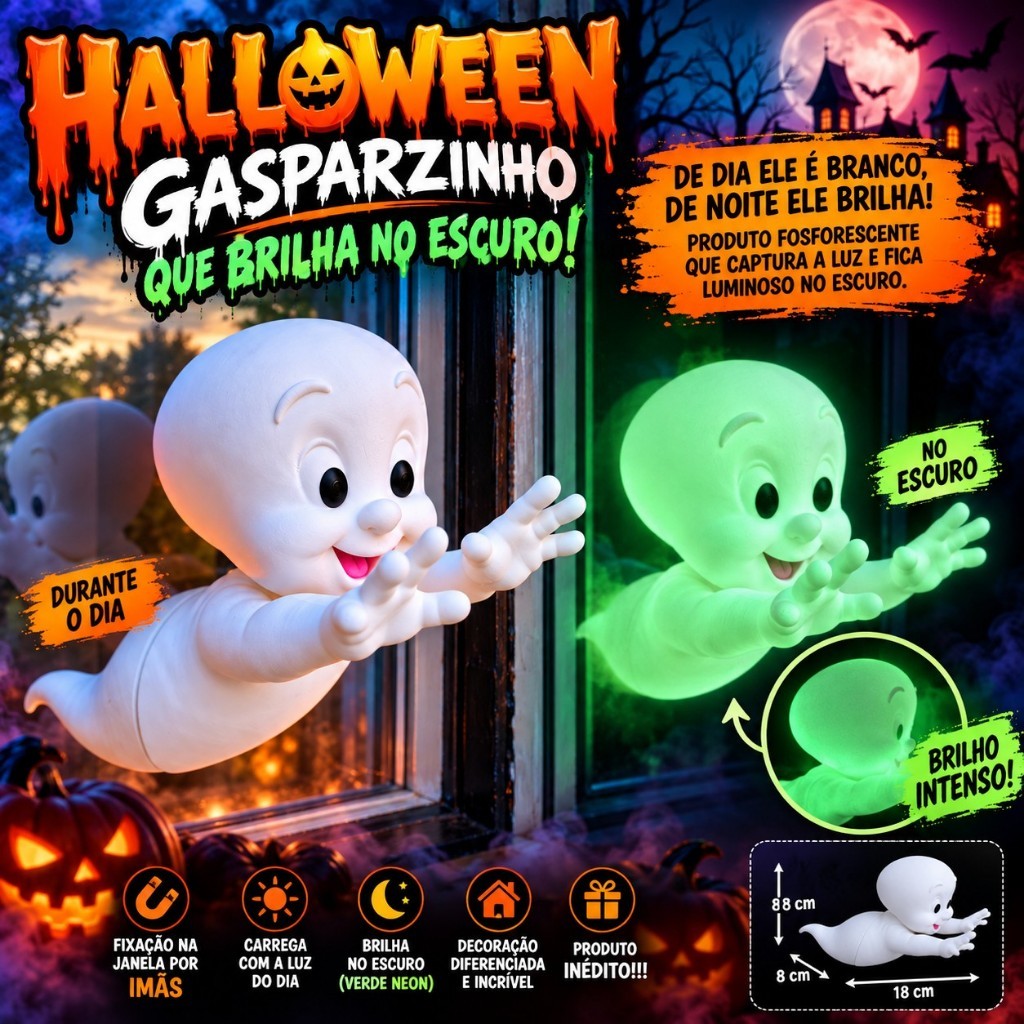 Gasparzinho Halloween 3D Fosforescente Brilha no Escuro e Voa Atravessando a Janela c/Imãs de Neodímio Decoração