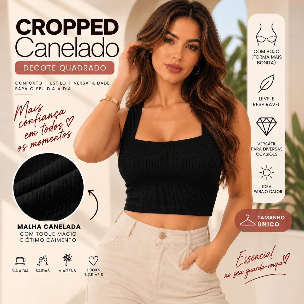 Cropped Alça Larga Canelado Bojo Decote Quadrado Moda Elegante