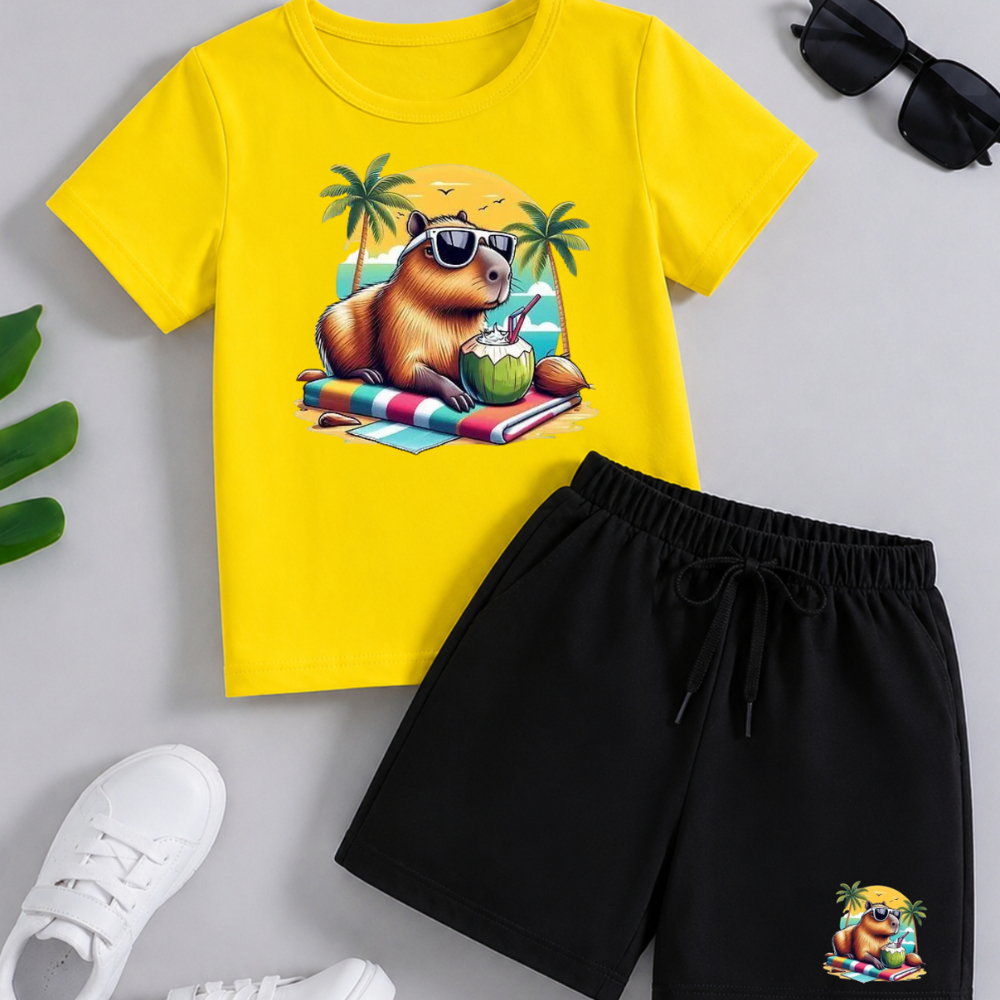 Conjunto Infantil Masculino Estampado Capivara Na Praia 1524 Verão Férias Criança Escola Camiseta Blusa Short Bermuda