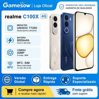 Realme C100x 4G, Versão Global, 128/256GB + 4/8GB RAM, Processador Unisoc T7250, NFC, Câmera 50MP, Bateria 8000mAh