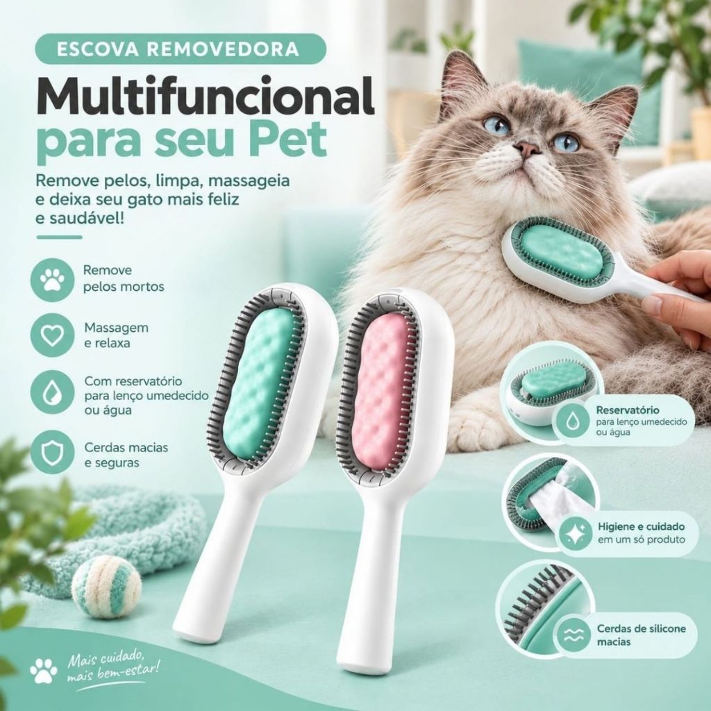 Escova Removedora e Massageadora Aparador de Pelos para Gatos com Reservatório