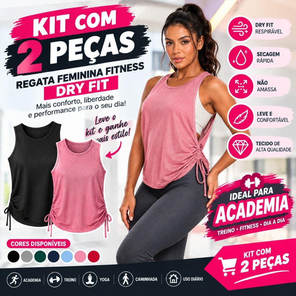 Regata Feminina Fitness Dry Fit Respirável Secagem Rápida Não Amassa Treino Bumbum Academia Atacado