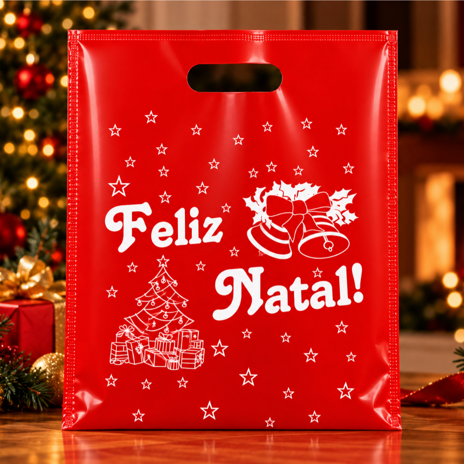 Sacola Plástica Com Frase Feliz Natal 30x40 e 40x50 50UN Boca de Palhaço Alça Vazada