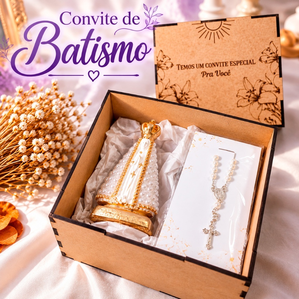 Convite Padrinhos Batismo Nossa Senhora Caixa MDF Mini Terço