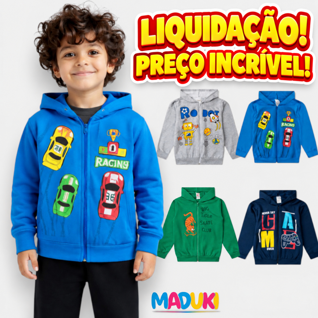 Kit 2 Jaquetas de Moletom Infantil Menino com Zíper e Capuz – Premium | 1 ao 16