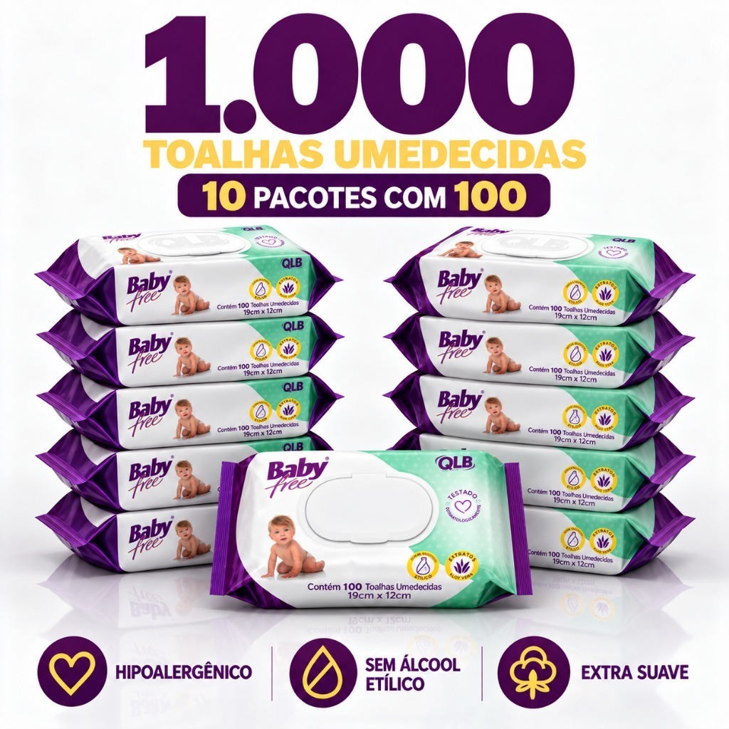 Caixa com 10 Lenços/Toalhas Umedecidas Baby Free c/ 100 Unidades Cada- Sem Tampa Flip Top