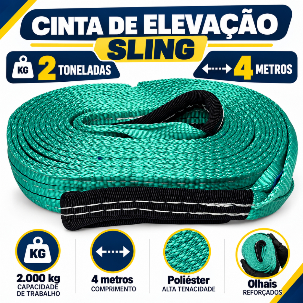 Cinta de Elevação 2 Toneladas 4 Metros Industrial Fator 7:1