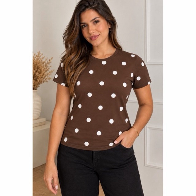 Camiseta Feminina Poá Bolinhas Preta e Branca T-Shirt Básica Casual 100% Algodão