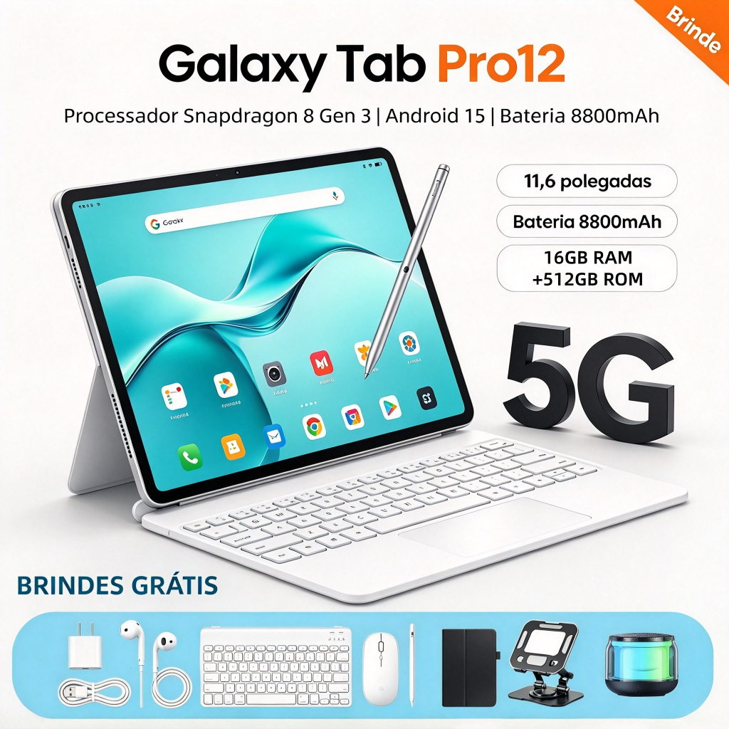 【Teclado e mouse gratuitos】Tablet Galaxy Pro12 Max 11,6 polegadas, 16 GB + 512 GB, 8.800 mAh, 5G com dois chips