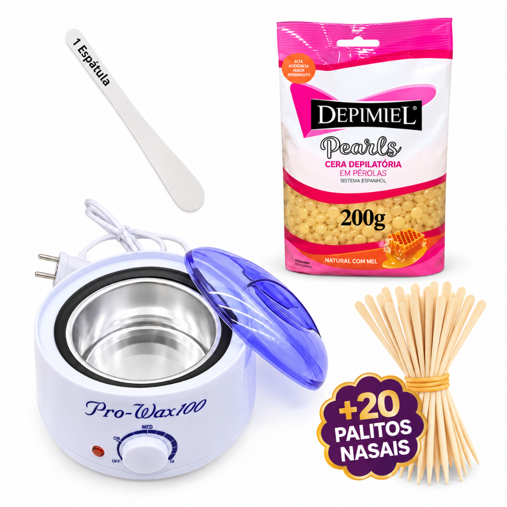 Kit Depilação Cera Quente Depimiel 200g + Espátula + Panela Aquecedora