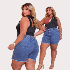 Bermudas Jeans Plus Size Marmorizada Cintura Alta Modelagem Levanta Bumbum Elastano Curve Premier