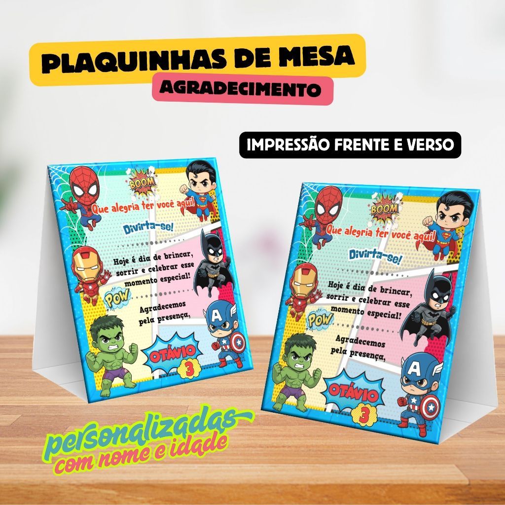 Plaquinhas de Mesa SUPER HERÓIS HEROÍNAS CUTE Personalizadas Centro de Mesa Decoração Festa Infantil