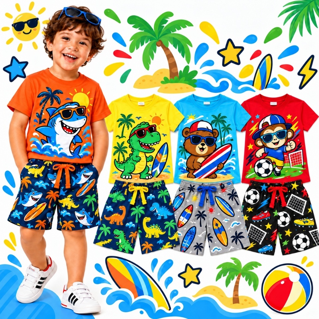 Kit Sortidos 2 ou 4 Peças de Conjunto Infantil Menino Verão Kit com 2 ou 1 Conjuntos de Verão Masculino