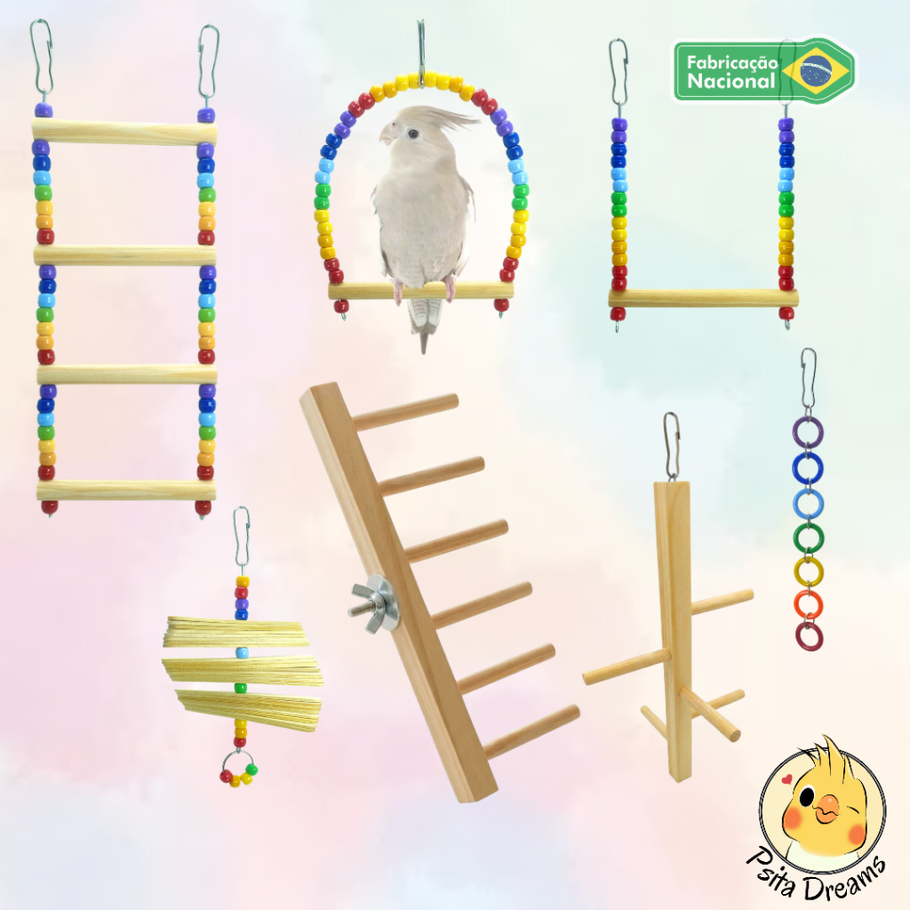 Kit com 3 a 5 Brinquedos Arco-Íris, calopsita, agapornis, periquito, aves, acessórios para gaiola, poleiro, balanço