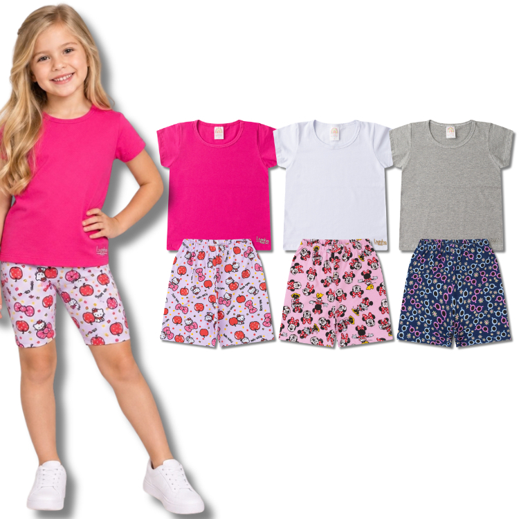 Kit Conjunto Feminino Blusa Lisa e Shorts Estampado em Cotton Menina Infantil Juvenil Verão Escolar